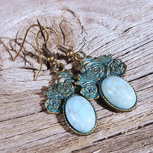 Bronze Rose Flowers Turquoise Blue Stone Dangle Earrings
